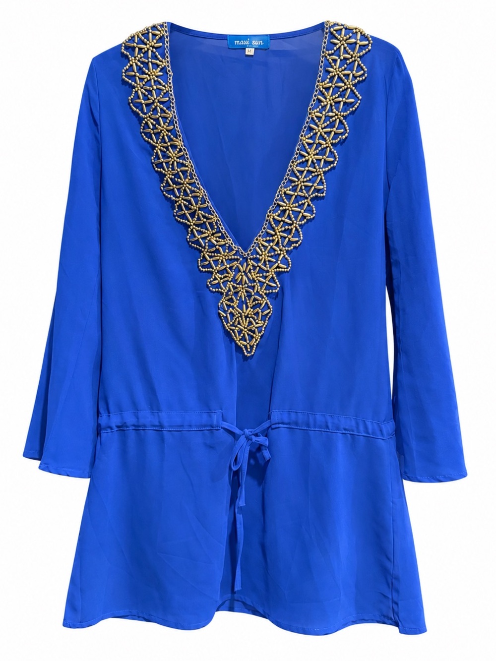 Swim Cover-Up Tunic with Embellished Gold Beaded V-Neck